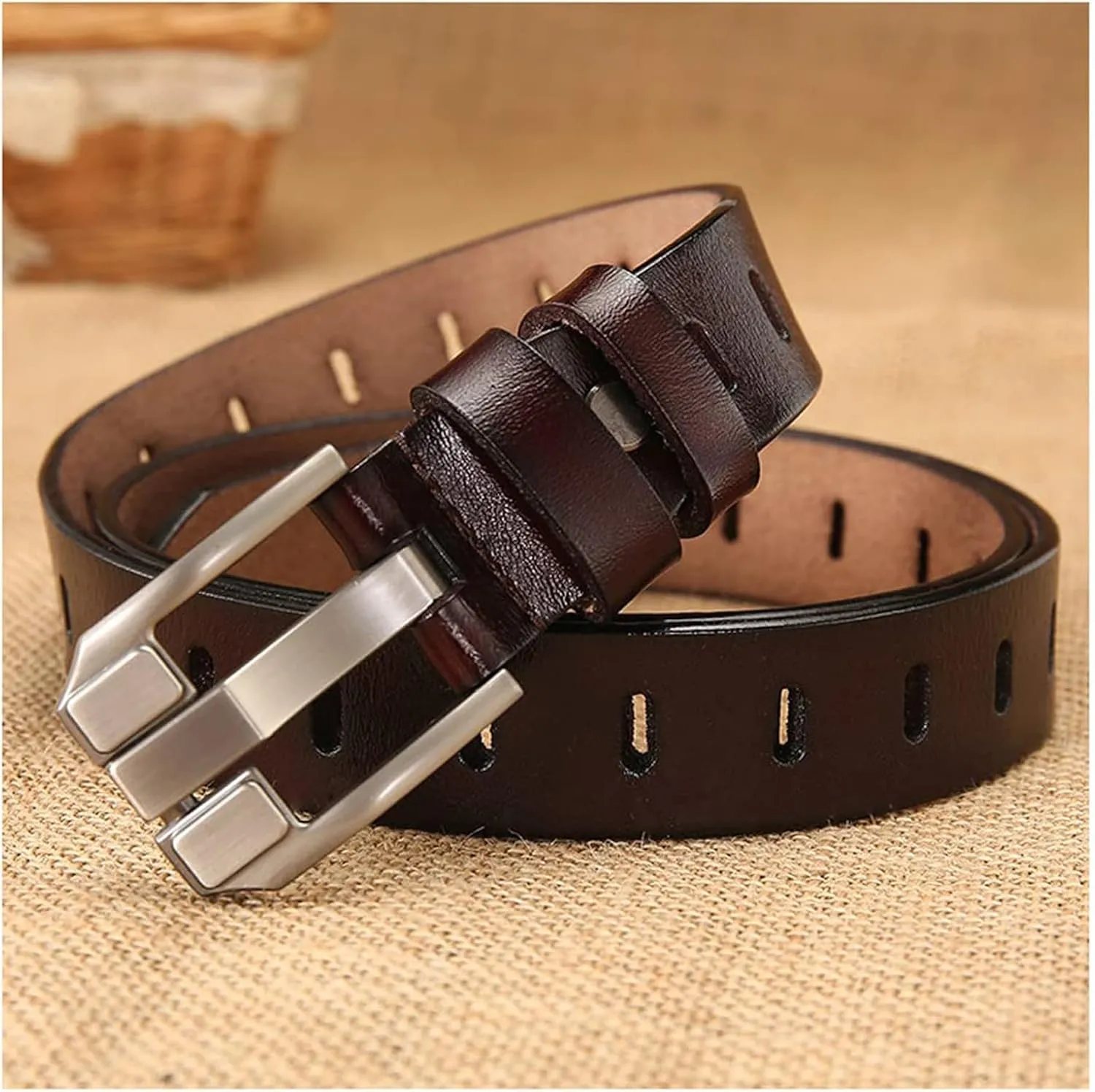 Women's Genuine Leather Belt, Vintage Pin Buckle Reversible Leather Belts, Waistband for Daily Wear