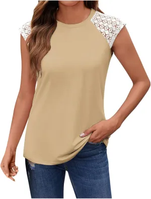 Womens Lace Cap Sleeve Tops Pleated Solid Color Crewneck Summer Tank Tops 2025 Dressy Sleeveless Shirts Blouse