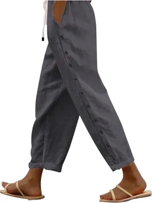 Women's Linen Pants with Side Buttons Summer Casual Lightweight Elastic Hight Waist Drawstring Loose Trousers