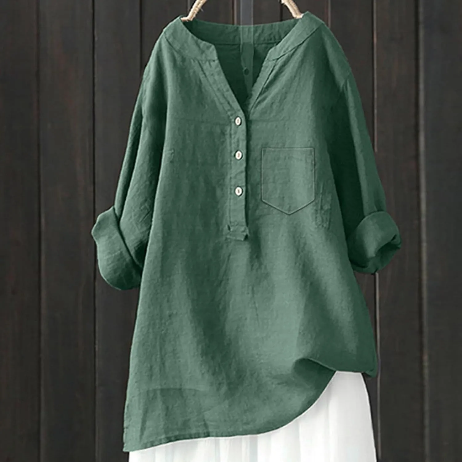 Women's Linen Shirts Summer Cotton Linen Solid Short Sleeve T Shirts Casual Loose Fit Trendy V Neck Blouses