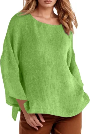 Women's Linen Shirts V Neck Button Blouse Plain Comfy Tee Top Short Sleeve Loose Fit Shirt