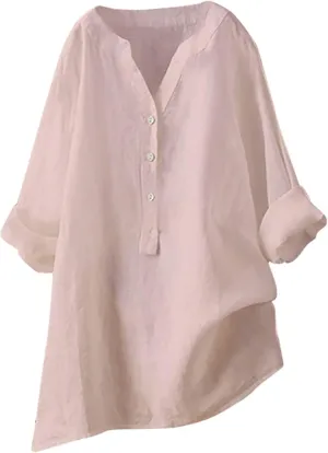 Women's Linen Shirts V-Neck Button Down Blouse Bohemian Beach Tee Shirt Short Sleeve Loose T-Shirts
