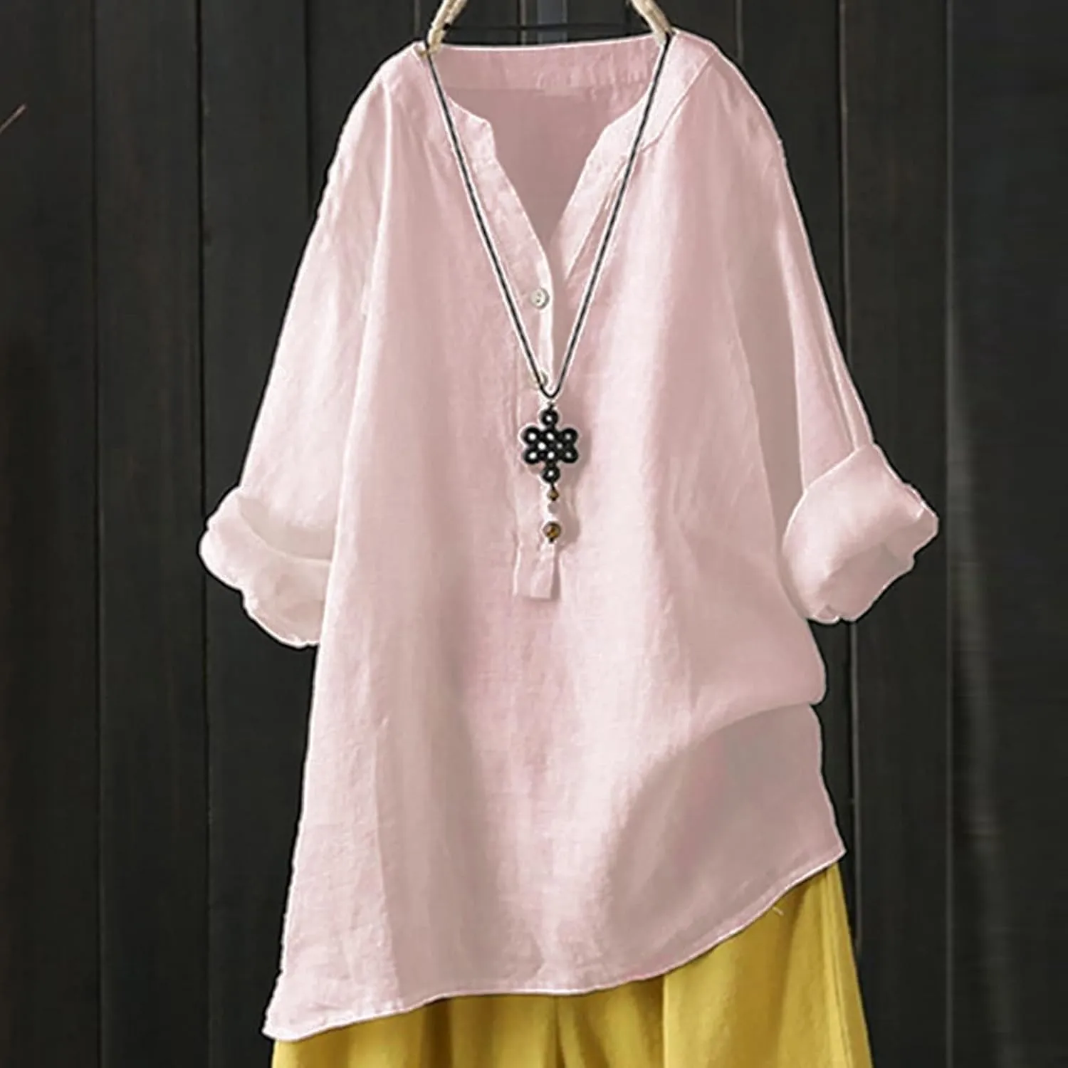 Women's Linen Shirts V-Neck Button Down Blouse Bohemian Beach Tee Shirt Short Sleeve Loose T-Shirts