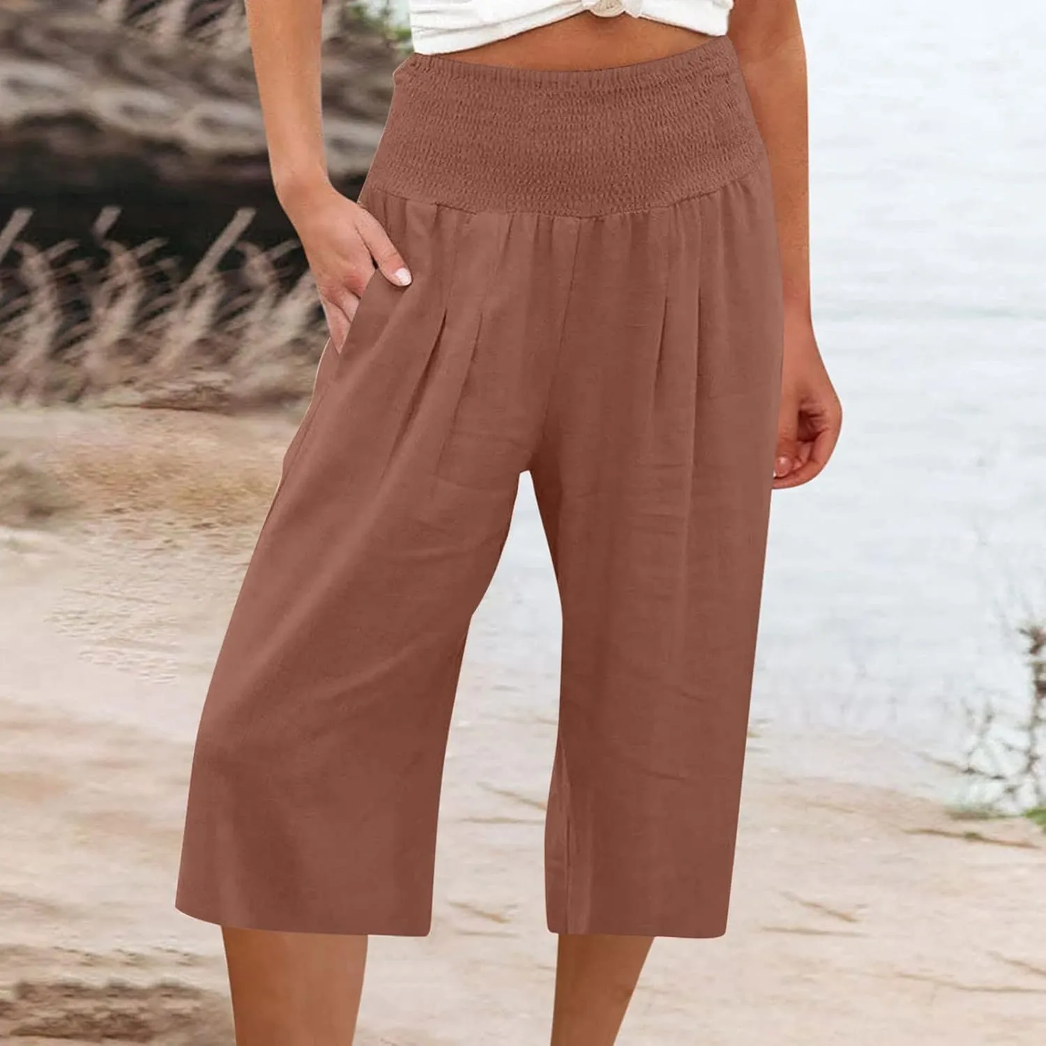 Womens Long Shorts Below The Knee Plus Size Casual Summer Loose Fit Long Shorts Elastic Waist Shorts with Pockets