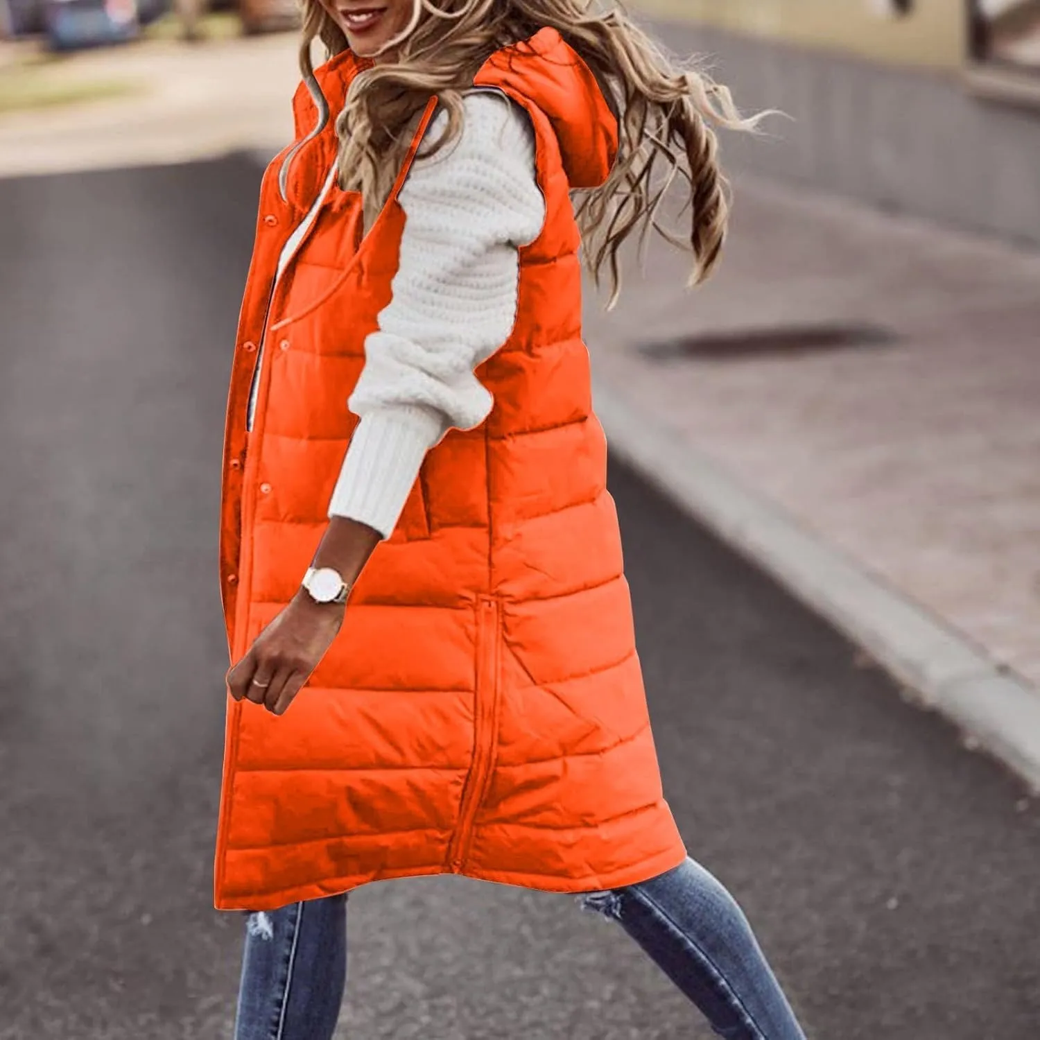 Women's Long Vest Sleeveless Lightweight Puffer Jacket Packable Hooded Down Soft Coat Quilted with Hood Winter