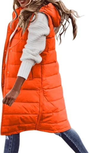 Women's Long Vest Sleeveless Lightweight Puffer Jacket Packable Hooded Down Soft Coat Quilted with Hood Winter