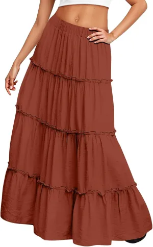Womens Maxi Skirt Boho Tiered Long Skirts Summer Trendy A Line Ruffle Maxi Skirts Casual Resort Wear with Pockets