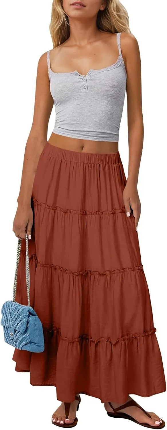 Womens Maxi Skirt Boho Tiered Long Skirts Summer Trendy A Line Ruffle Maxi Skirts Casual Resort Wear with Pockets