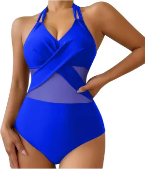 Womens One Piece Swimsuit Mesh Tummy Control Bathing Suit Halter Backless Push Up Swimwear Front Cross Cheeky Monokini