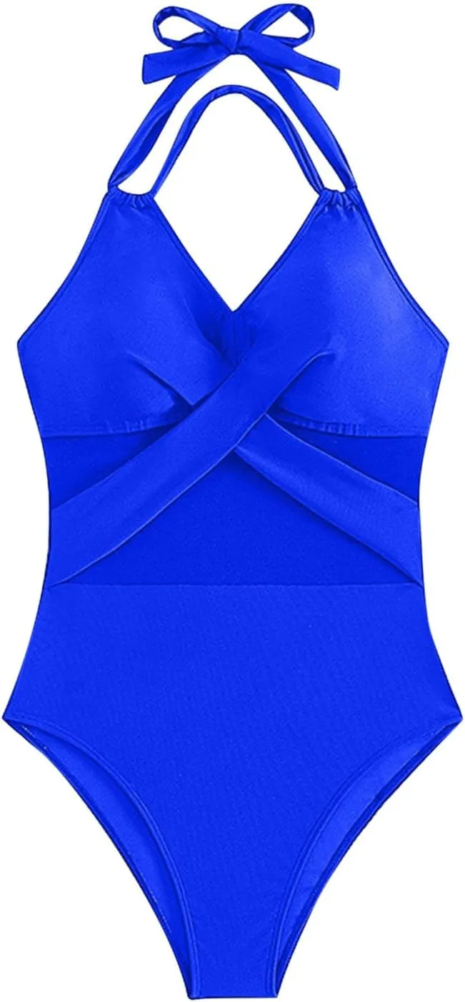 Womens One Piece Swimsuit Mesh Tummy Control Bathing Suit Halter Backless Push Up Swimwear Front Cross Cheeky Monokini