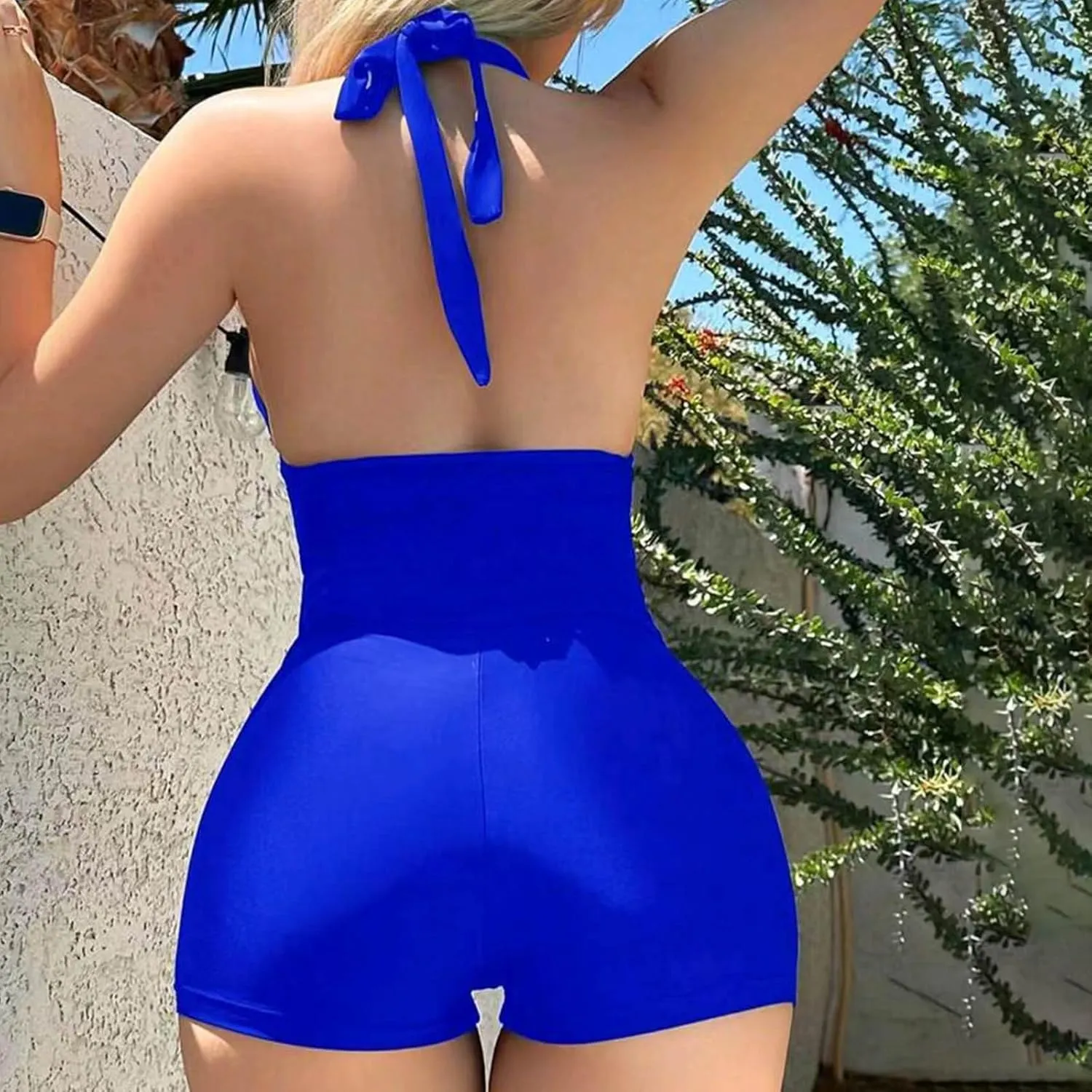 Women's One Piece Swimsuits Halter Tummy Control Bathing Suits Deep V Neck Backless Swimwear Solid Slimming Beachwear
