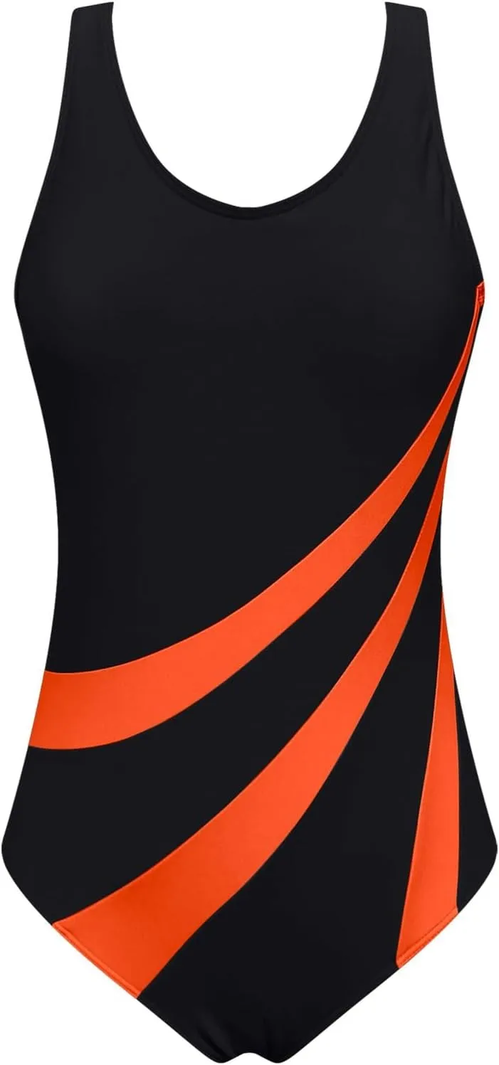 Women's One Piece Swimsuits Tummy Control Color Block Bathing Suit Round Neck Backless Cheeky Swimwear 2025 Beachwear
