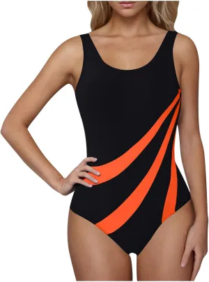 Women's One Piece Swimsuits Tummy Control Color Block Bathing Suit Round Neck Backless Cheeky Swimwear 2025 Beachwear
