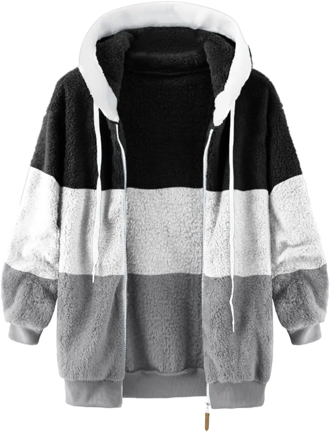 Women's Plus Size Winter Coats Loose Large Plush Multicolor Paneled Hooded Zip Jacket Coats
