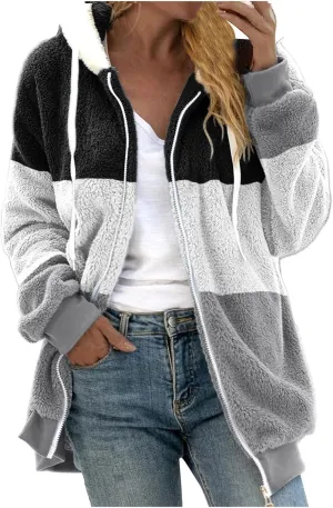 Women's Plus Size Winter Coats Loose Large Plush Multicolor Paneled Hooded Zip Jacket Coats