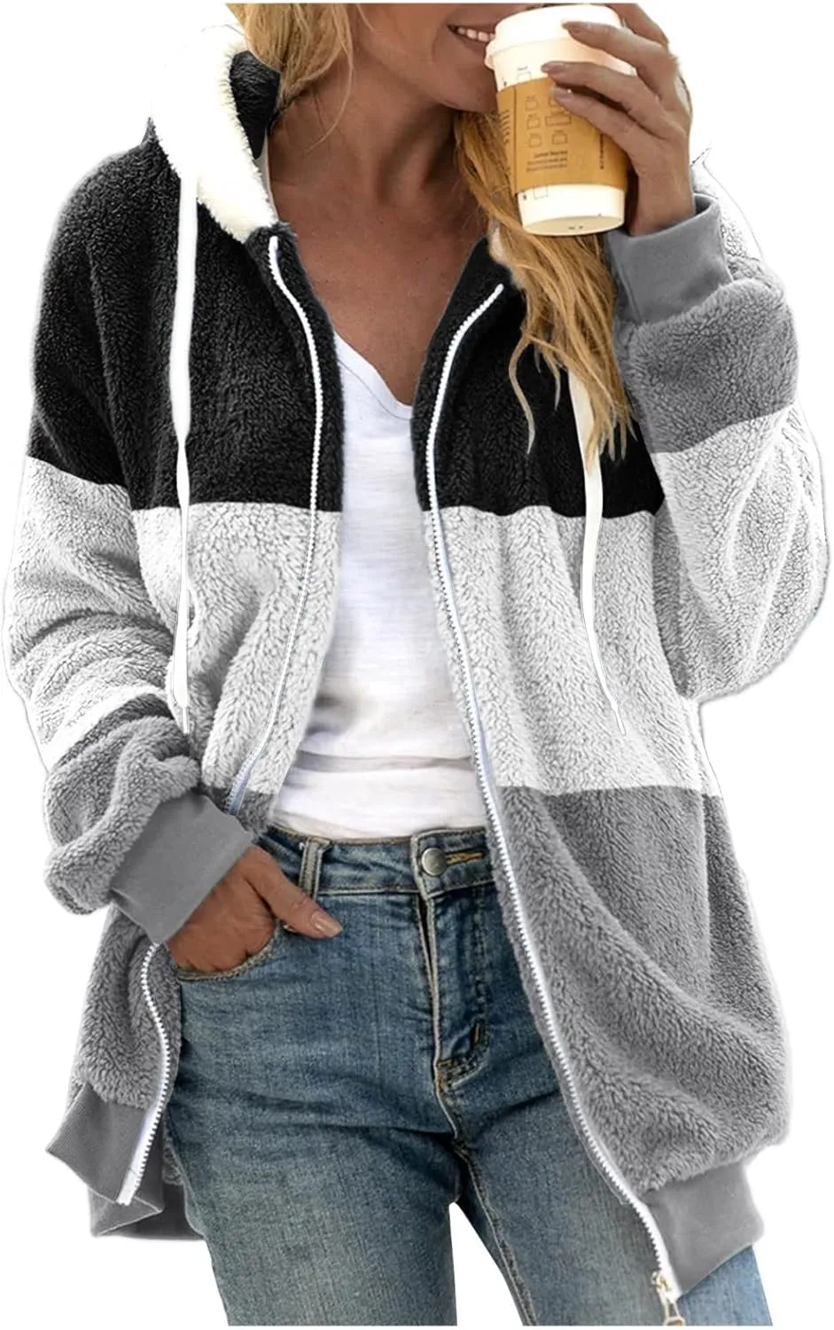 Women's Plus Size Winter Coats Loose Large Plush Multicolor Paneled Hooded Zip Jacket Coats