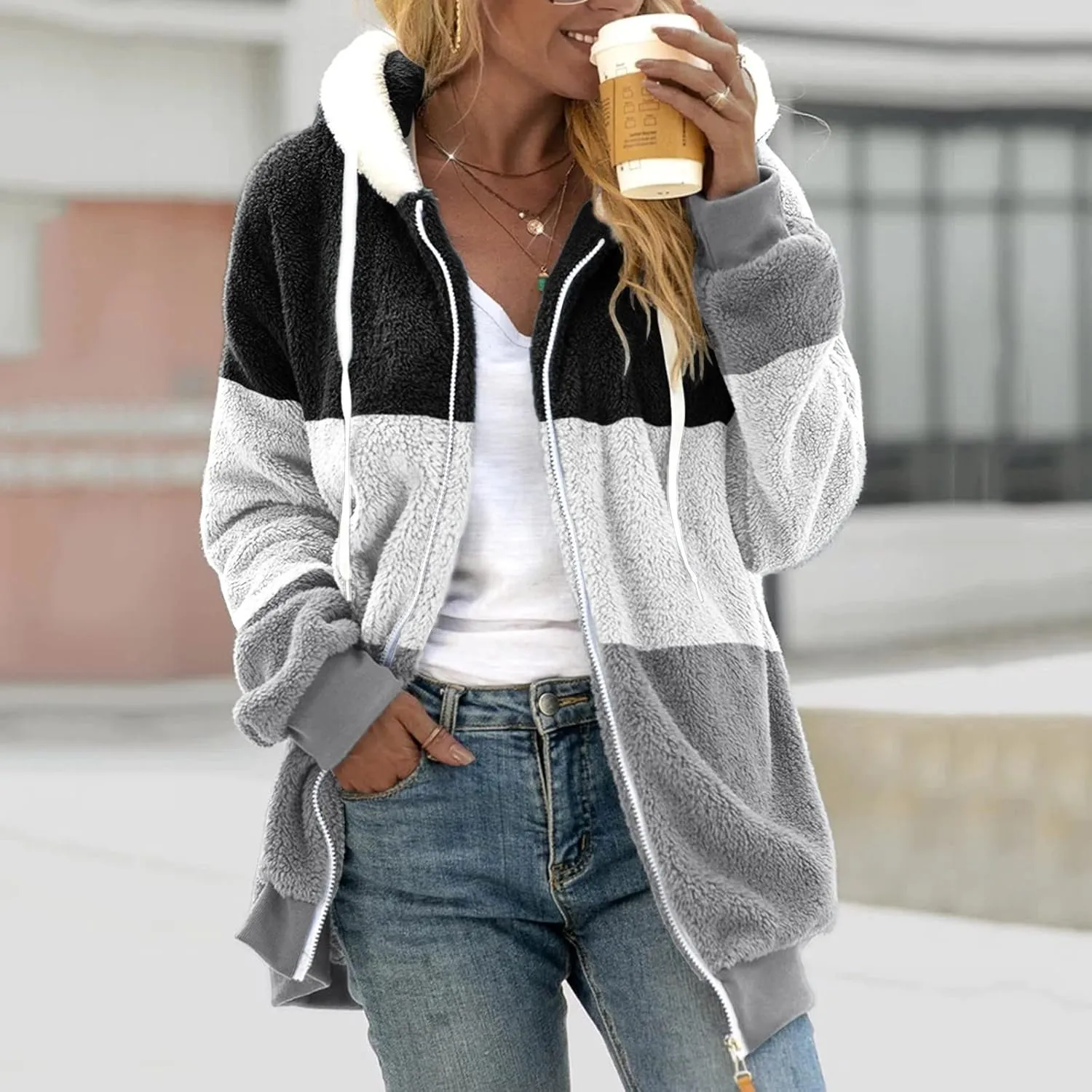 Women's Plus Size Winter Coats Loose Large Plush Multicolor Paneled Hooded Zip Jacket Coats