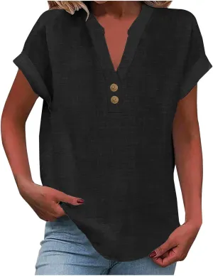 Womens Short Sleeve Cotton Linen Shirt Casual Crewneck Comfy T Shirt Bohemian Boho Loose Fit Summer Tee Tops