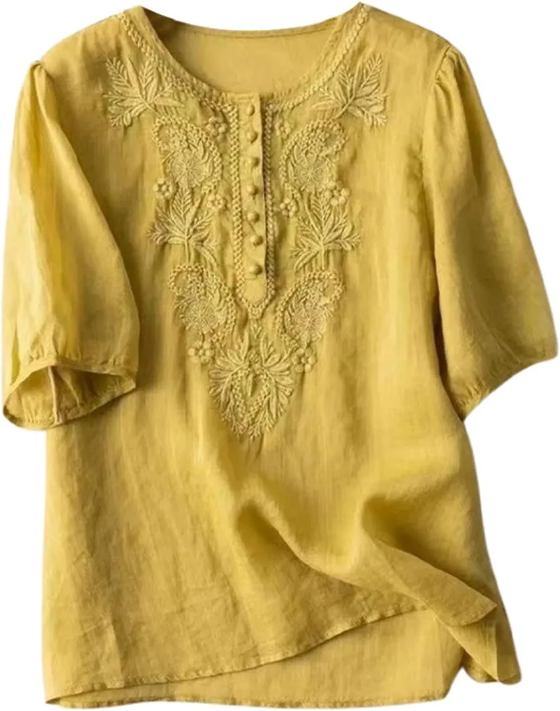 Womens Short Sleeve Cotton Linen Shirt Casual Crewneck Soft T Shirt Floral Loose Fit Summer Tee Tops