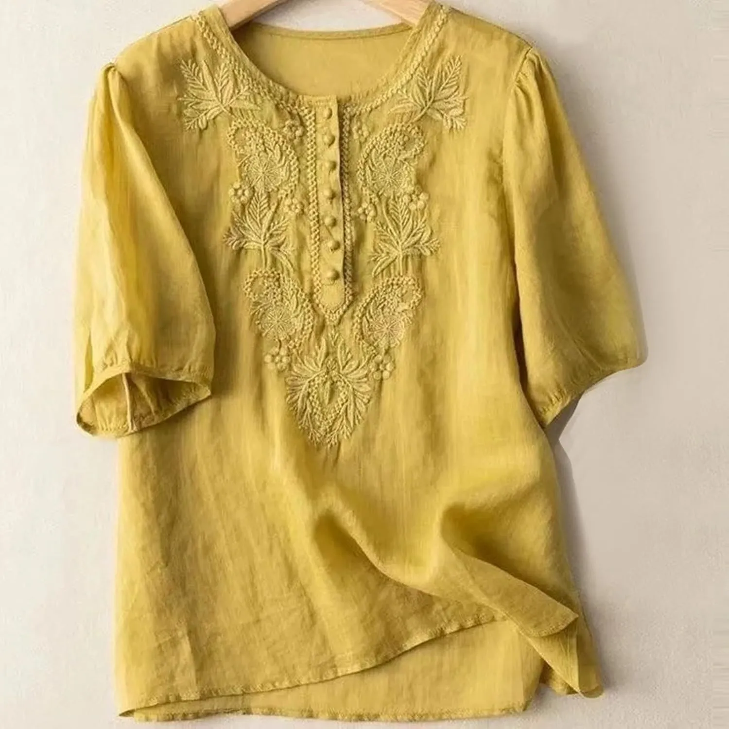 Womens Short Sleeve Cotton Linen Shirt Casual Crewneck Soft T Shirt Floral Loose Fit Summer Tee Tops