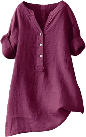Women's Short Sleeve Cotton Linen Shirts Casual Crewneck Oversized T Shirts Solid Loose Summer Tee Top