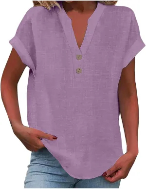 Womens Short Sleeve Cotton Linen Shirts Casual V Neck Dressy T-Shirt Boho Loose Summer Tshirt