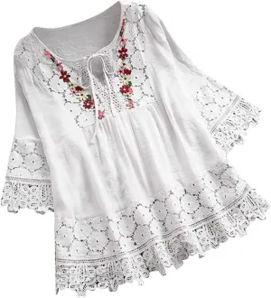 Women's Short Sleeve Cotton Linen Shirts Casual V Neck Soft T Shirts Floral Loose Fit Summer Tshirts