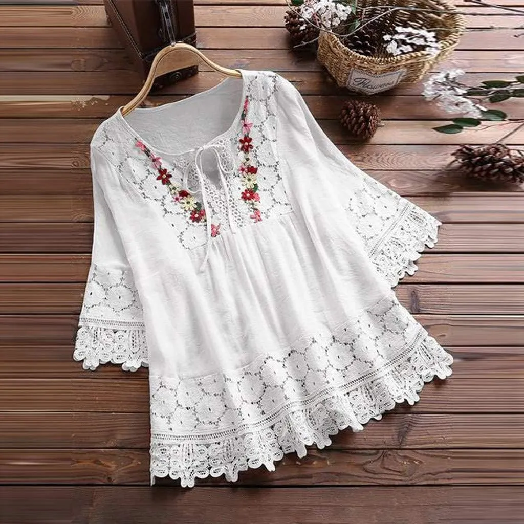 Women's Short Sleeve Cotton Linen Shirts Casual V Neck Soft T Shirts Floral Loose Fit Summer Tshirts