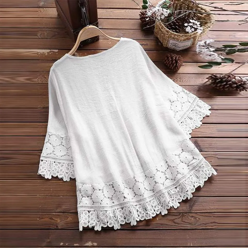 Women's Short Sleeve Cotton Linen Shirts Casual V Neck Soft T Shirts Floral Loose Fit Summer Tshirts