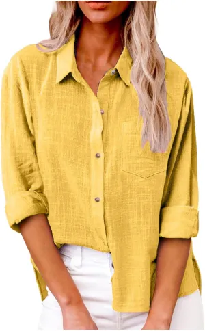 Womens Short Sleeve Linen Shirt Casual Crew Neck Dressy T-Shirt Plain Solid Loose Summer Tee Top