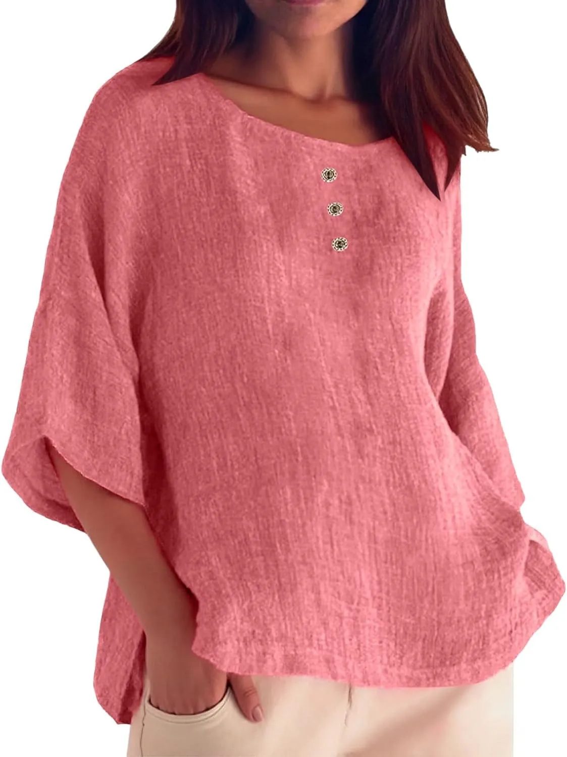 Women's Short Sleeve Linen Shirt Casual V Neck Fashion T Shirts Floral Print Loose Fit Summer Tshirts