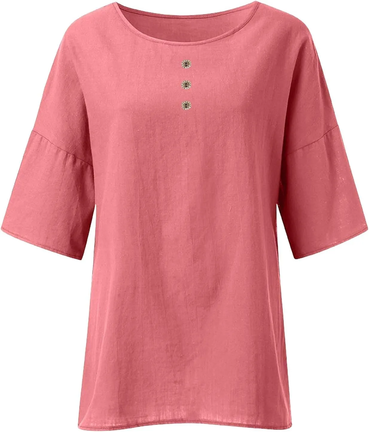 Women's Short Sleeve Linen Shirt Casual V Neck Fashion T Shirts Floral Print Loose Fit Summer Tshirts