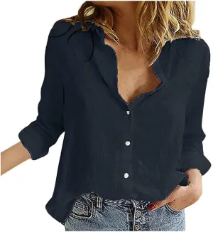 Women's Short Sleeve Linen Shirt Casual V Neck Oversized T Shirts Solid Color Loose Summer Tee Top