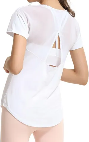 Womens Short Sleeve Mesh Athletic Tops Open Back Workout Running Tank Tops
