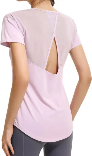 Womens Short Sleeve Mesh Athletic Tops Open Back Workout Running Tank Tops