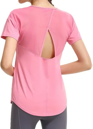 Womens Short Sleeve Mesh Athletic Tops Open Back Workout Running Tank Tops