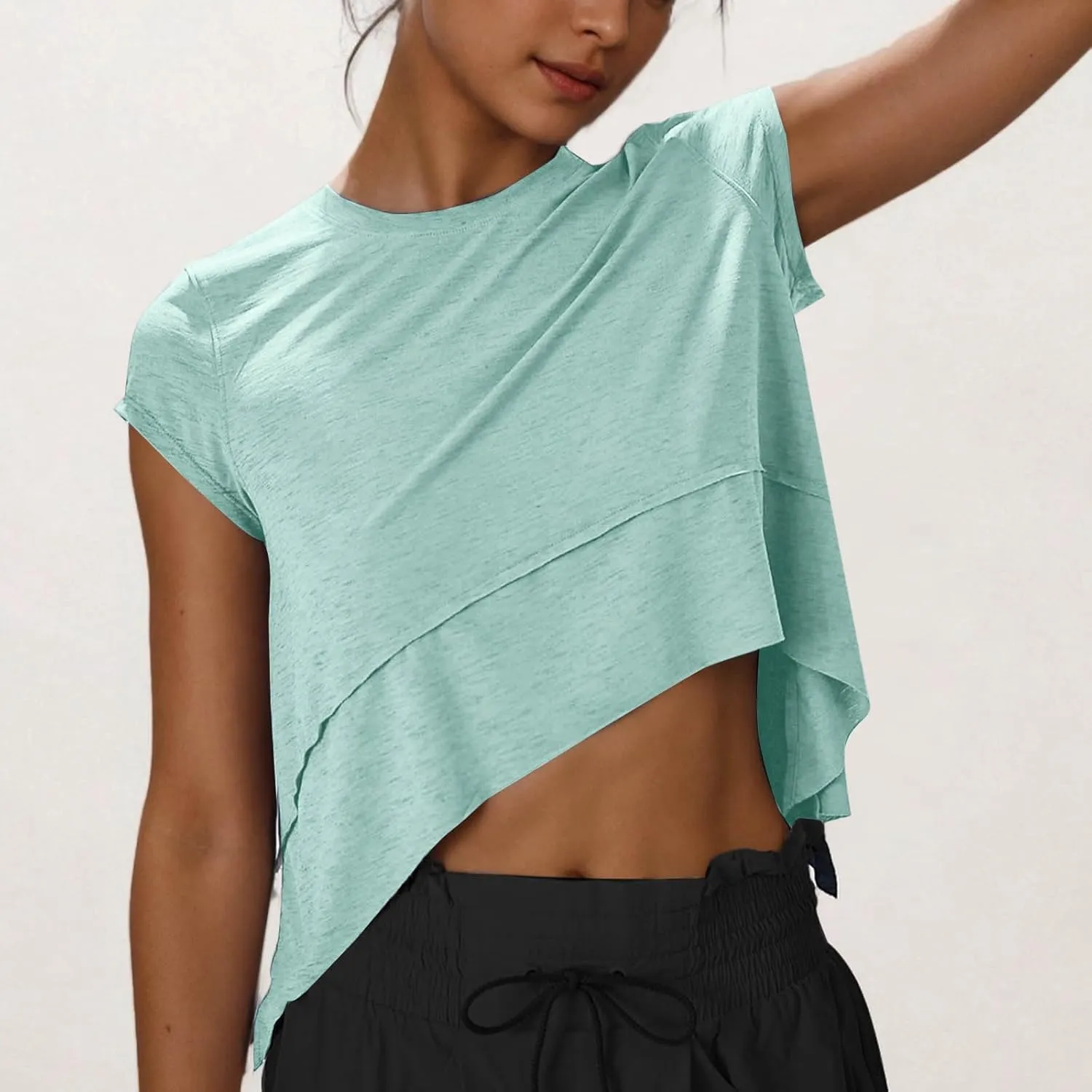 Women's Short Sleeve Workout Shirts Crewneck Sports Yoga Running Flowy Summer Tops Solid Color Basic Tee