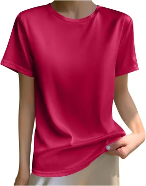 Women's Silk Satin Tops Crewneck Short Sleeve Tee Shirt Casual Party Tee Shirt