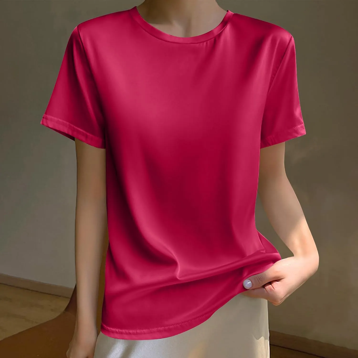 Women's Silk Satin Tops Crewneck Short Sleeve Tee Shirt Casual Party Tee Shirt