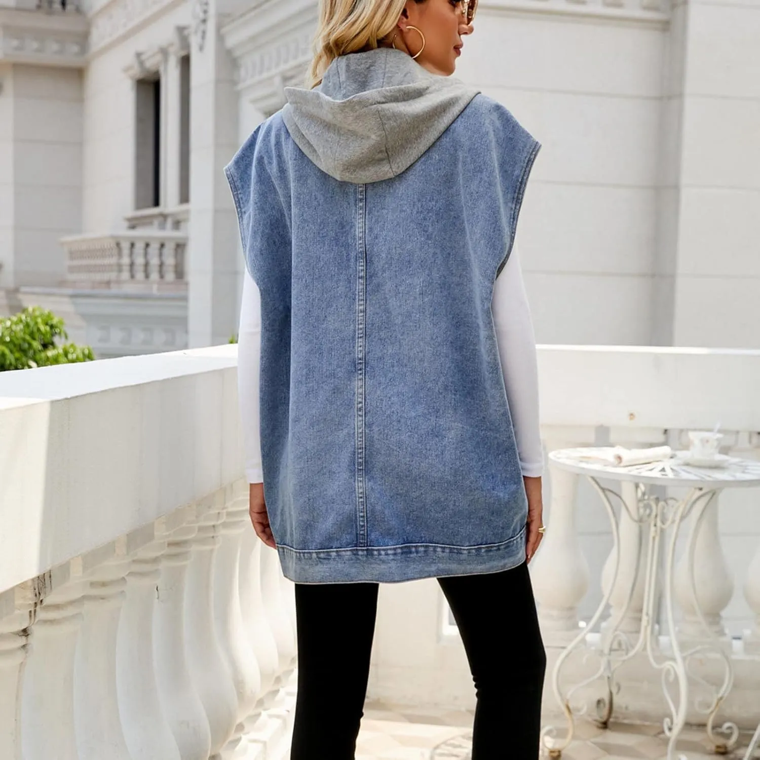 Women’s Sleeveless Hooded Denim Jacket Hoodie Casual Oversized Button Mid-Long Casual Denim Vest With Detachable Hood