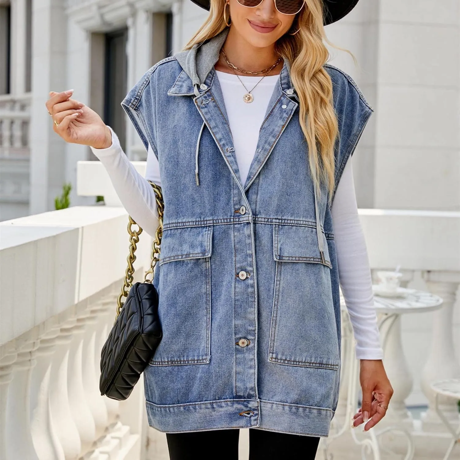Women’s Sleeveless Hooded Denim Jacket Hoodie Casual Oversized Button Mid-Long Casual Denim Vest With Detachable Hood