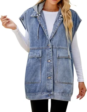 Women’s Sleeveless Hooded Denim Jacket Hoodie Casual Oversized Button Mid-Long Casual Denim Vest With Detachable Hood