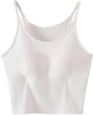 Women's Spaghetti Strap Camisole Ribbed Tank Tops with Built-in Bra Sleeveless Slim Fitted Basic Crop Tee Shirts