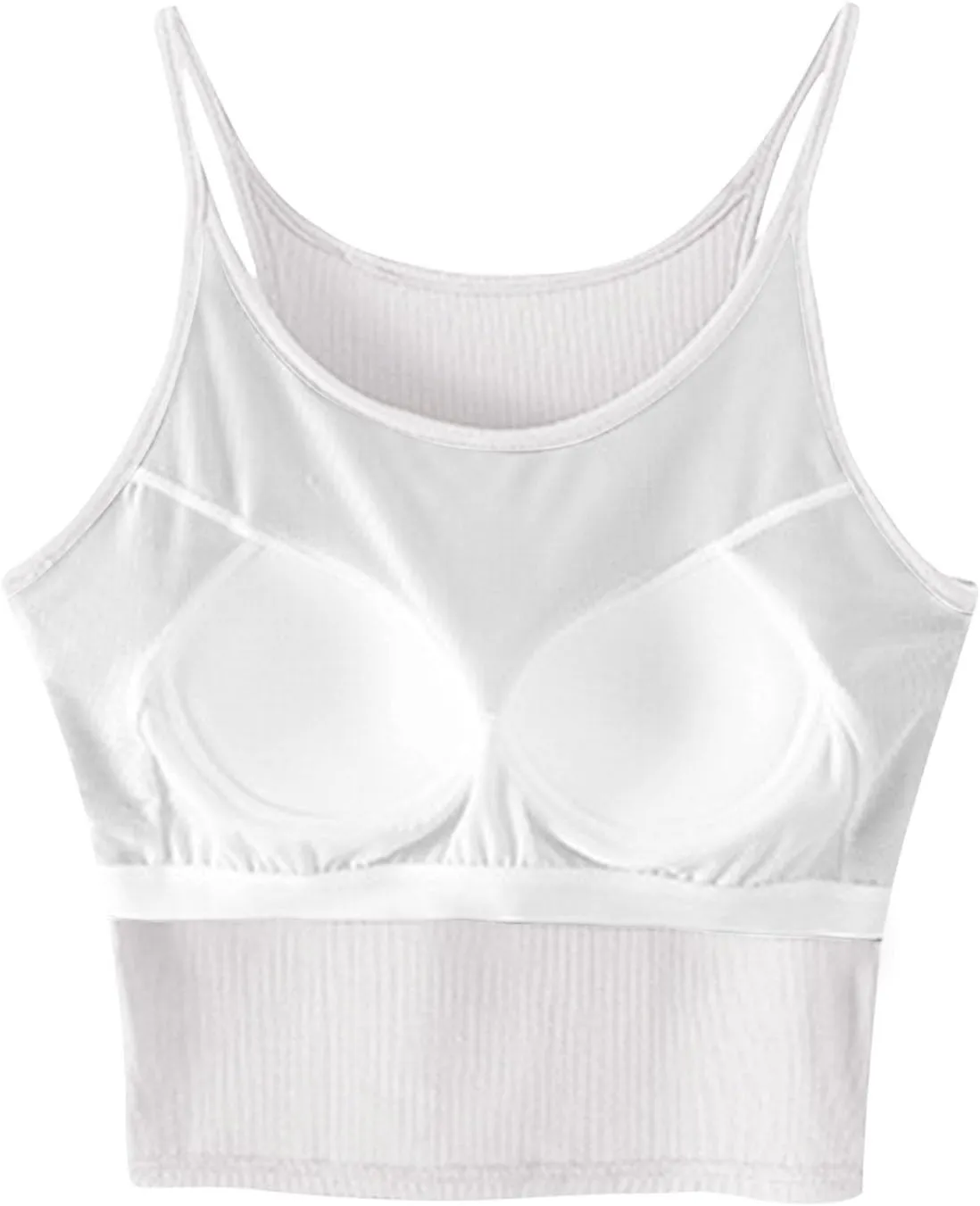 Women's Spaghetti Strap Camisole Ribbed Tank Tops with Built-in Bra Sleeveless Slim Fitted Basic Crop Tee Shirts