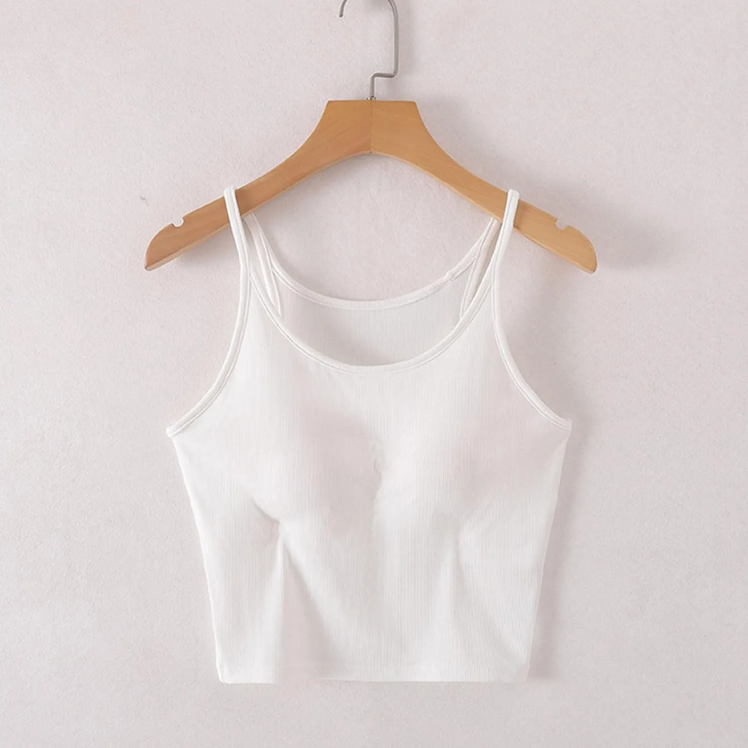 Women's Spaghetti Strap Camisole Ribbed Tank Tops with Built-in Bra Sleeveless Slim Fitted Basic Crop Tee Shirts