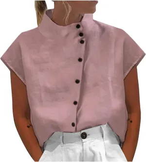 Womens Summer Cotton Linen Tops Cap Sleeve Mock Neck Casual Loose Fit Blouses Hollow Out Comfy Tshirts Shirts