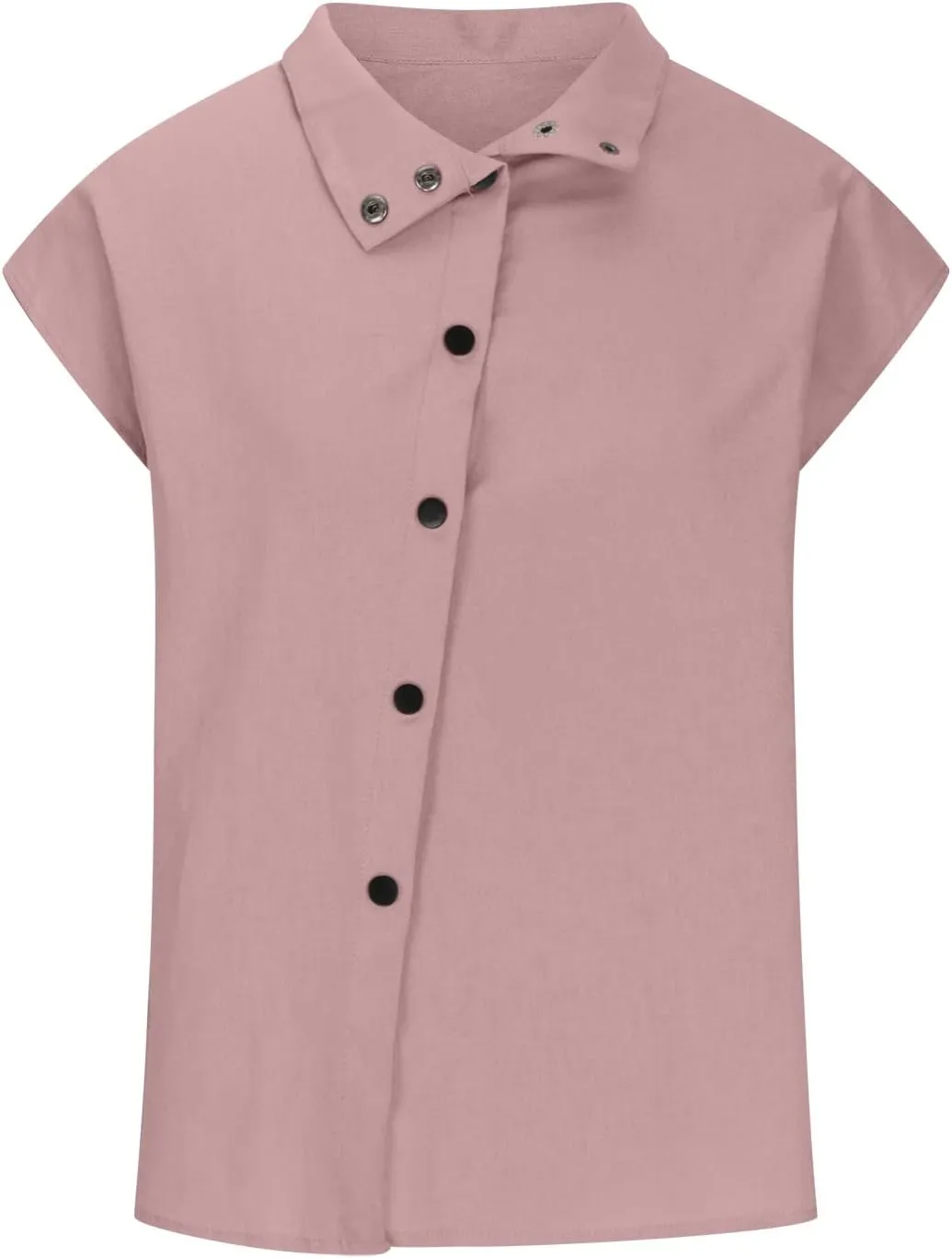Womens Summer Cotton Linen Tops Cap Sleeve Mock Neck Casual Loose Fit Blouses Hollow Out Comfy Tshirts Shirts