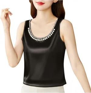 Women's Summer Satin Tank Tops with Pearl Beading Scoop Neck Sleeveless Shirts Dressy Casual Silk Blouse Camisole