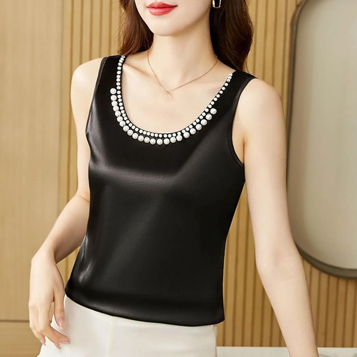 Women's Summer Satin Tank Tops with Pearl Beading Scoop Neck Sleeveless Shirts Dressy Casual Silk Blouse Camisole