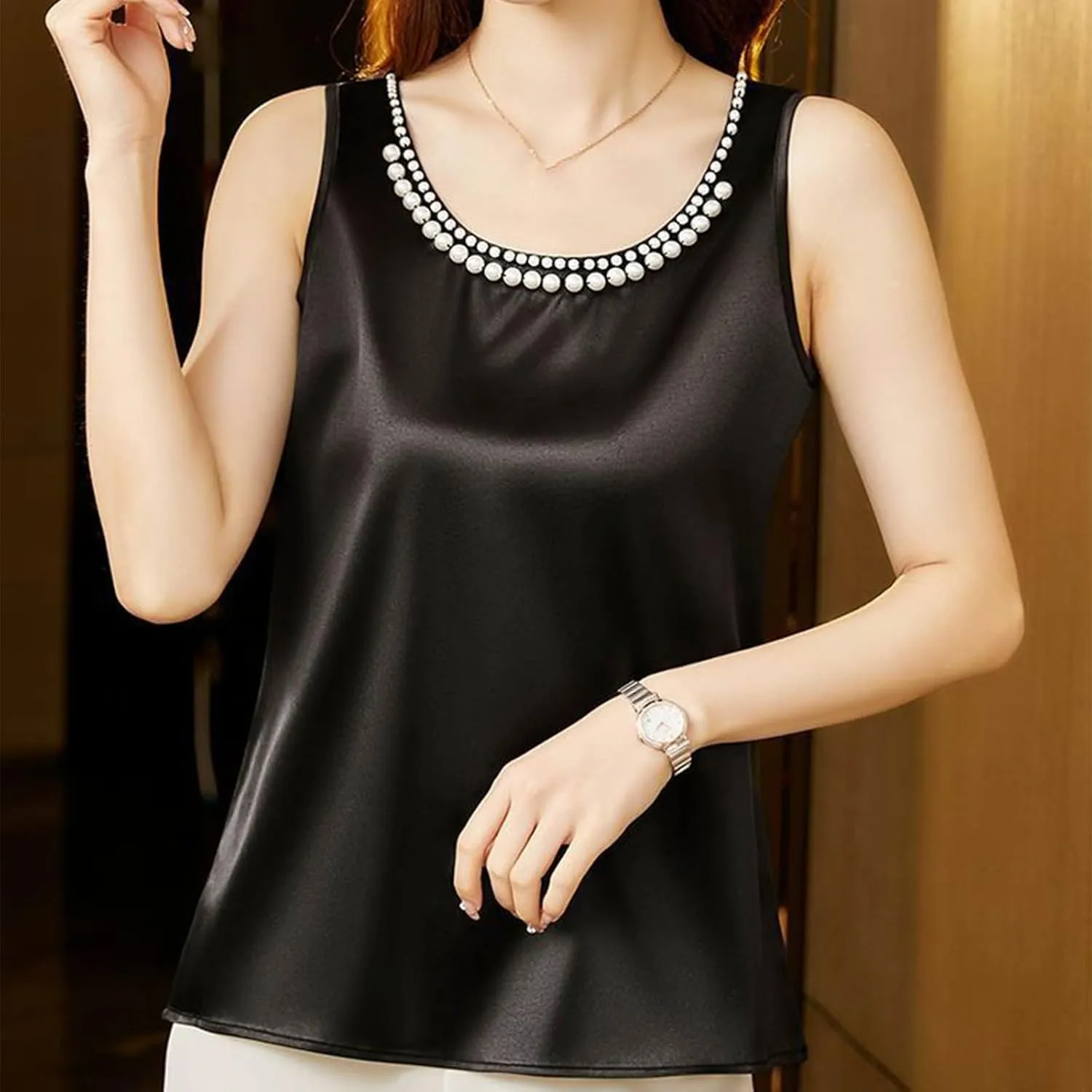 Women's Summer Satin Tank Tops with Pearl Beading Scoop Neck Sleeveless Shirts Dressy Casual Silk Blouse Camisole